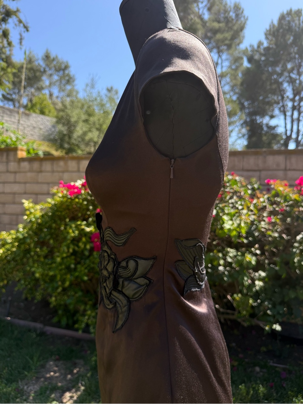 Karen Millen Dark Brown Midi Dress with Faux Leather Floral Embroidered Waist - Picture 6 of 12